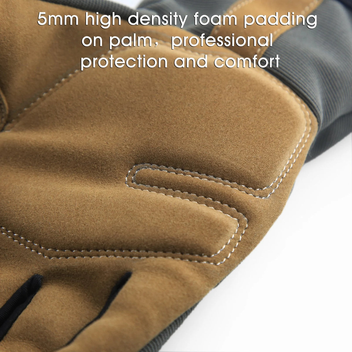 Close-up of a tan work glove showing 5mm high-density foam padding on the palm for protection and comfort.