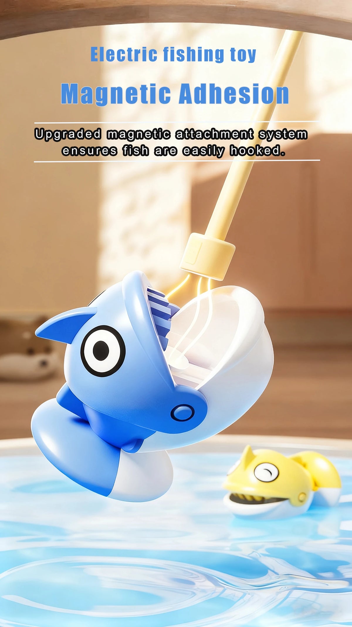 A blue electric fishing toy with a head and mouth is shown dipping into water, demonstrating magnetic adhesion.