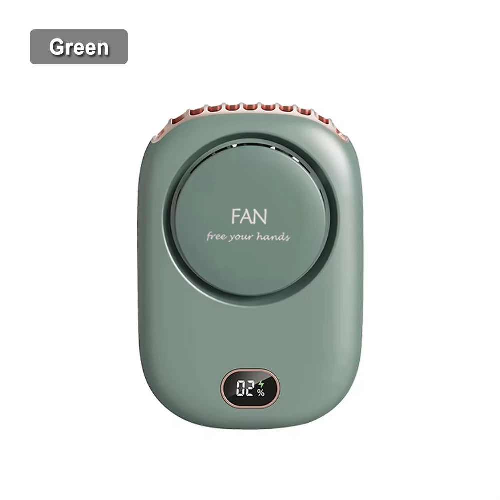 A green rechargeable neck fan with a textured top and a round control panel displaying 0% battery.