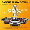 Canbus ready design upgraded built-in driver headlight bulbs shown next to various vehicles.