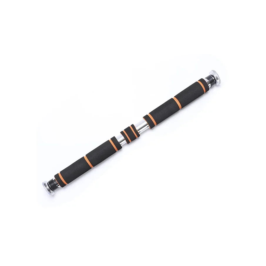 A doorway pull-up bar with an anti-slip grip featuring black and orange accents.