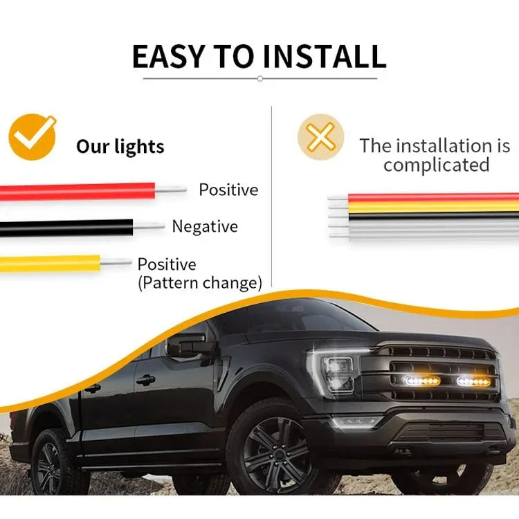 LED strobe side marker lights with positive and negative modes shown on a truck grille.