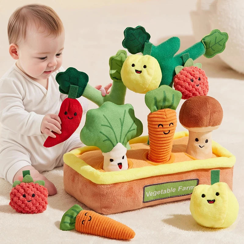 A baby is interacting with a colorful vegetable farm toy featuring carrot and mushroom shapes for fine motor skill developmen