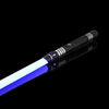 A black lightsaber with a blue glow tip and silver accents against a dark background.