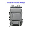 Gray laptop backpack featuring hidden shoulder straps and a shoe compartment.