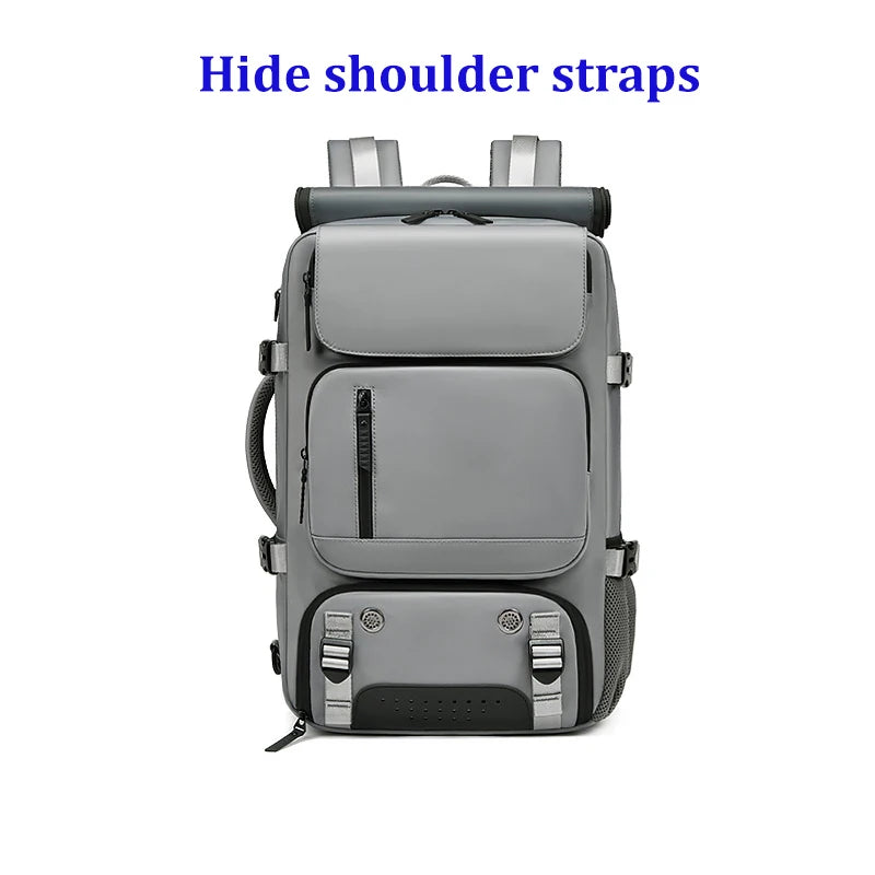 Gray laptop backpack featuring hidden shoulder straps and a shoe compartment.