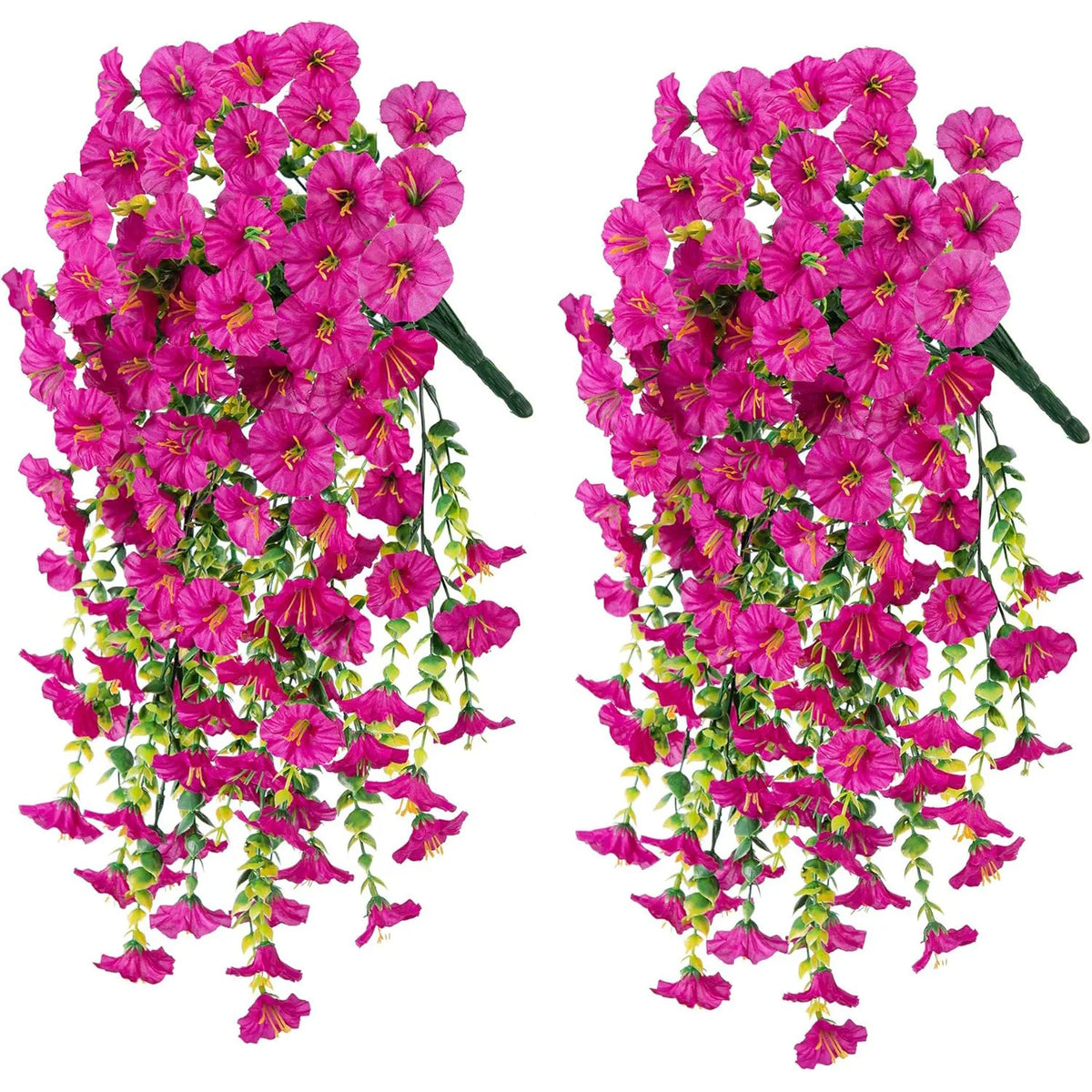 Una vibrante enredadera de flores artificiales rosa con pequeñas flores y hojas de eucalipto verde