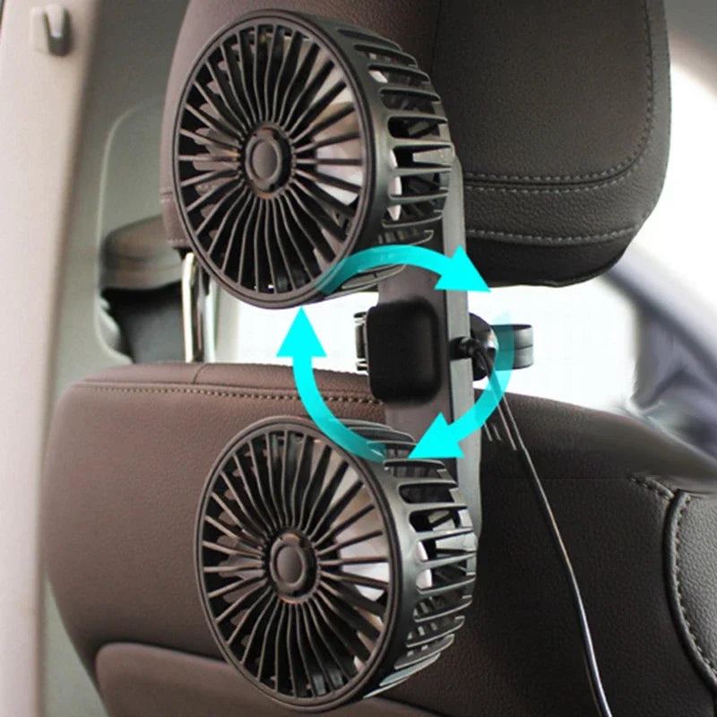 Dual-Head USB Car Fan with 360° Rotation