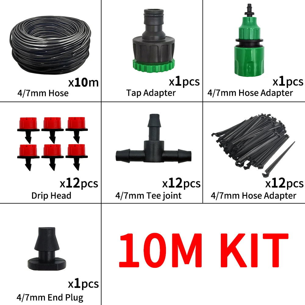 A kit containing various components for micro drip irrigation including hoses, adapters, drip heads, and end plugs.