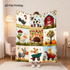 A colorful 2D flat printed flannel blanket featuring various farm animals like a rooster, cow, hedgehog, and bear.