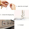 Instructions showing how to adjust a wire, connect a hanging ring, and finish an adjustable stainless steel cable hanging kit