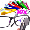 A set of ten colorful microfiber glasses cleaning tools displayed next to a pair of black eyeglasses.