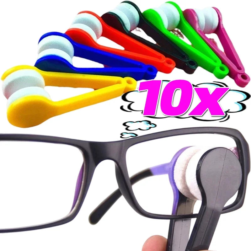 A set of ten colorful microfiber glasses cleaning tools displayed next to a pair of black eyeglasses.