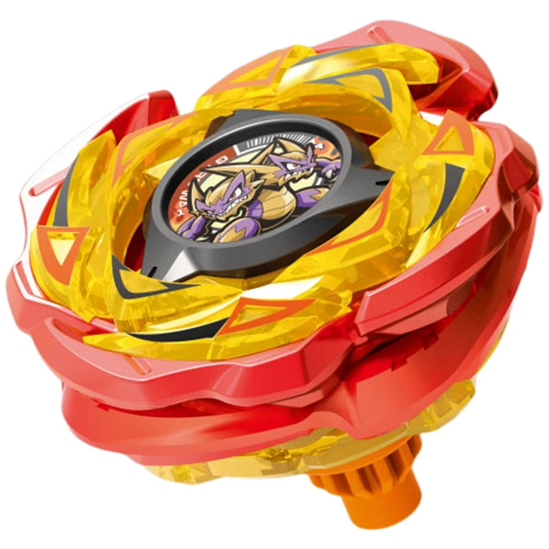 A red and gold precision metal spinning top with a black center featuring a stylized yellow and purple creature.