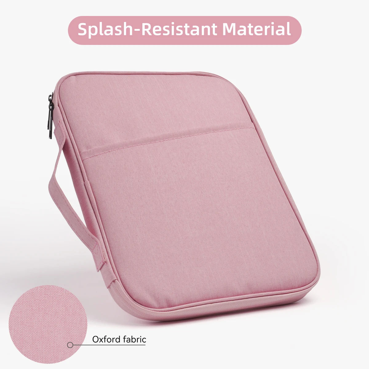 A pink splash-resistant padded laptop sleeve bag made of Oxford fabric.