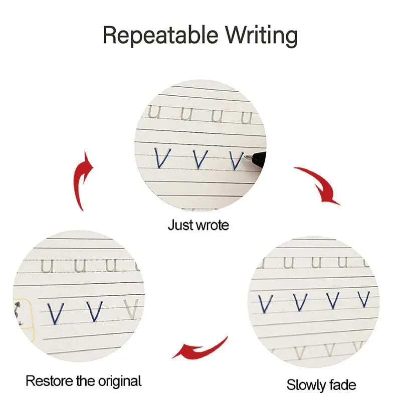 Demonstration of repeatable writing using a practice book, showing how to restore the original and slowly fade the writing.