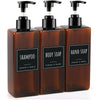 A three-pack of dark amber refillable soap dispenser bottles labeled Shampoo, Body Soap, and Hand Soap.