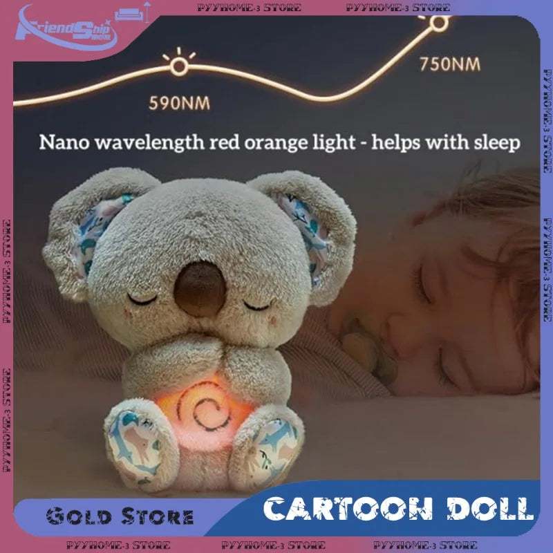 A fluffy cartoon koala plush toy with an orange glowing light is shown resting on a person's face for sleep.