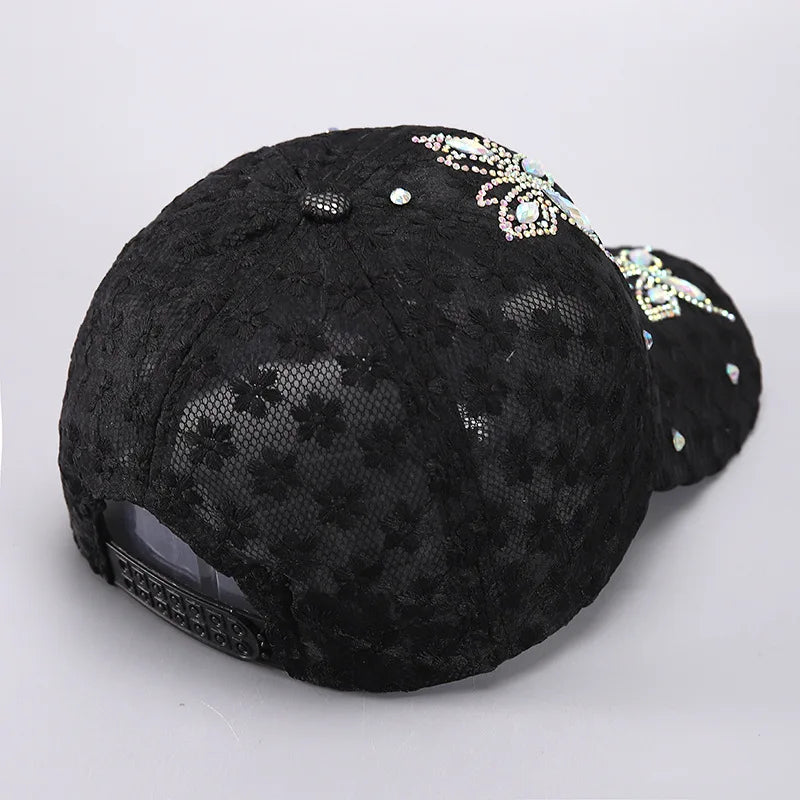 Lace Butterfly Snapback Cap with Rhinestone Accents