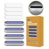 A box of outdoor solar step lights showing various models and a top view of the product.