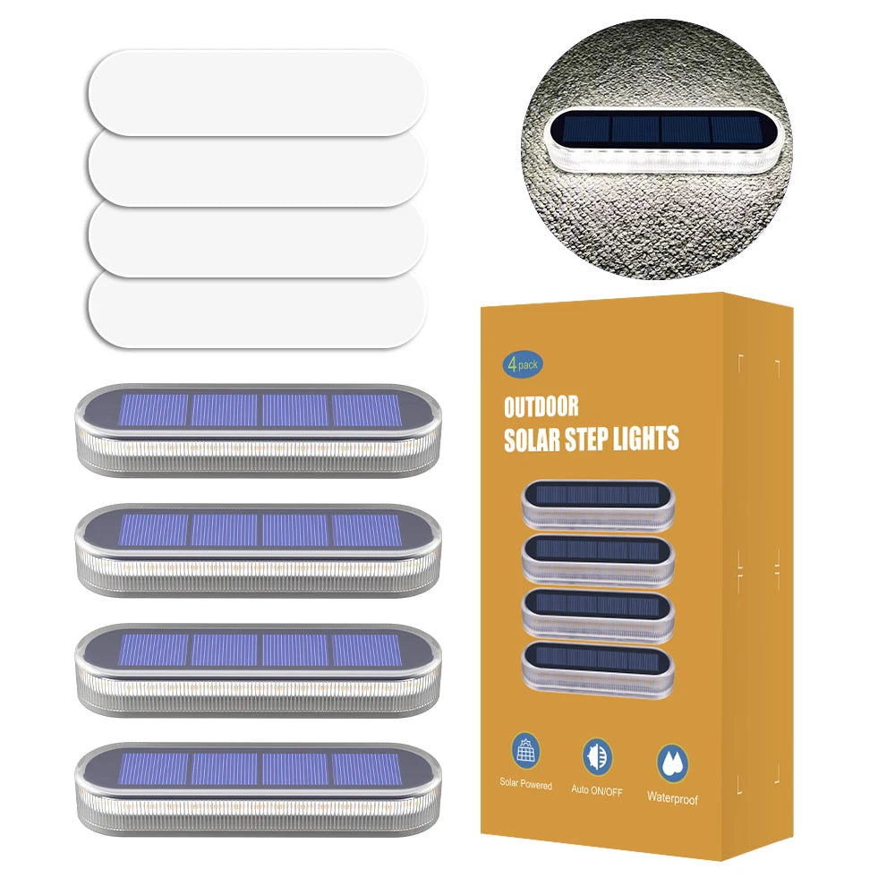 A box of outdoor solar step lights showing various models and a top view of the product.