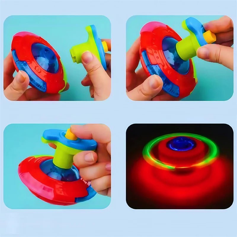 Colorful glowing musical spinning tops being held by hands, showing various colors and spinning motion.