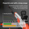 An orange and white double-barrel soft bullet toy rifle demonstrating 10m straight line and 15m parabolic shooting distances.