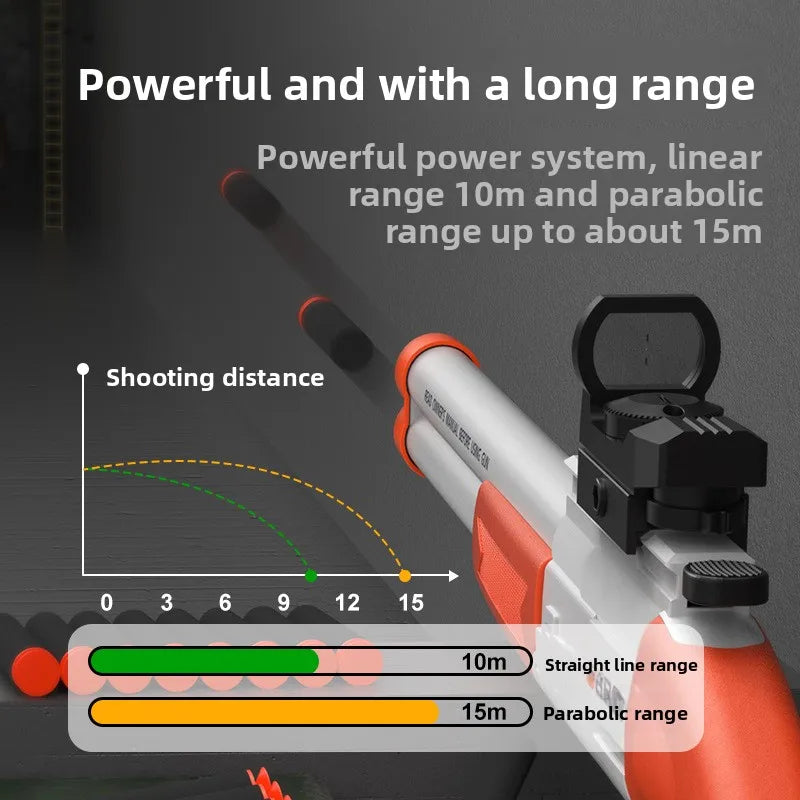 An orange and white double-barrel soft bullet toy rifle demonstrating 10m straight line and 15m parabolic shooting distances.