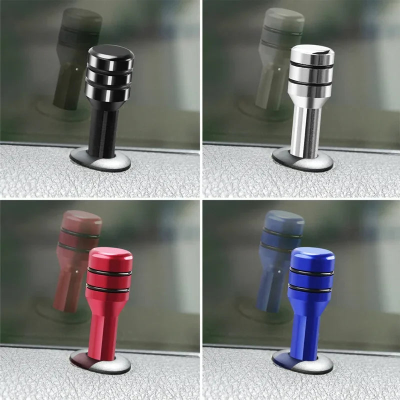 Four views of aluminum alloy car door lock pins in various colors including black, silver, red, and blue.