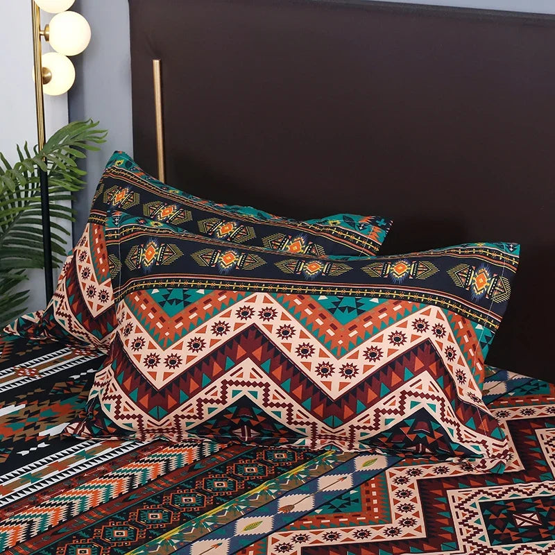 Boho striped geometric duvet cover set with patterned pillowcases featuring earthy tones and tribal designs