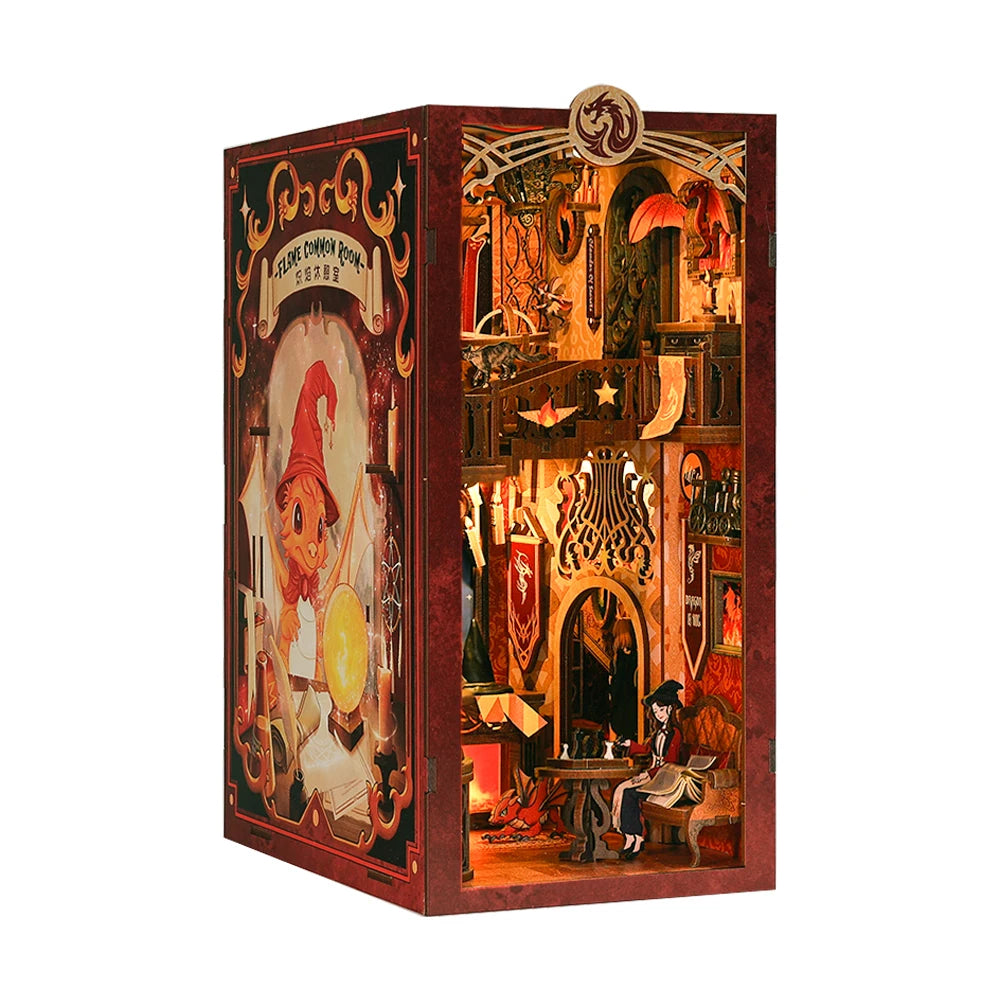 A wooden book nook kit featuring detailed miniature bookshelves and scenes with internal LED lighting.