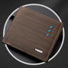 A brown striped leather wallet with stitching and blue accents is shown diagonally on a dark background.
