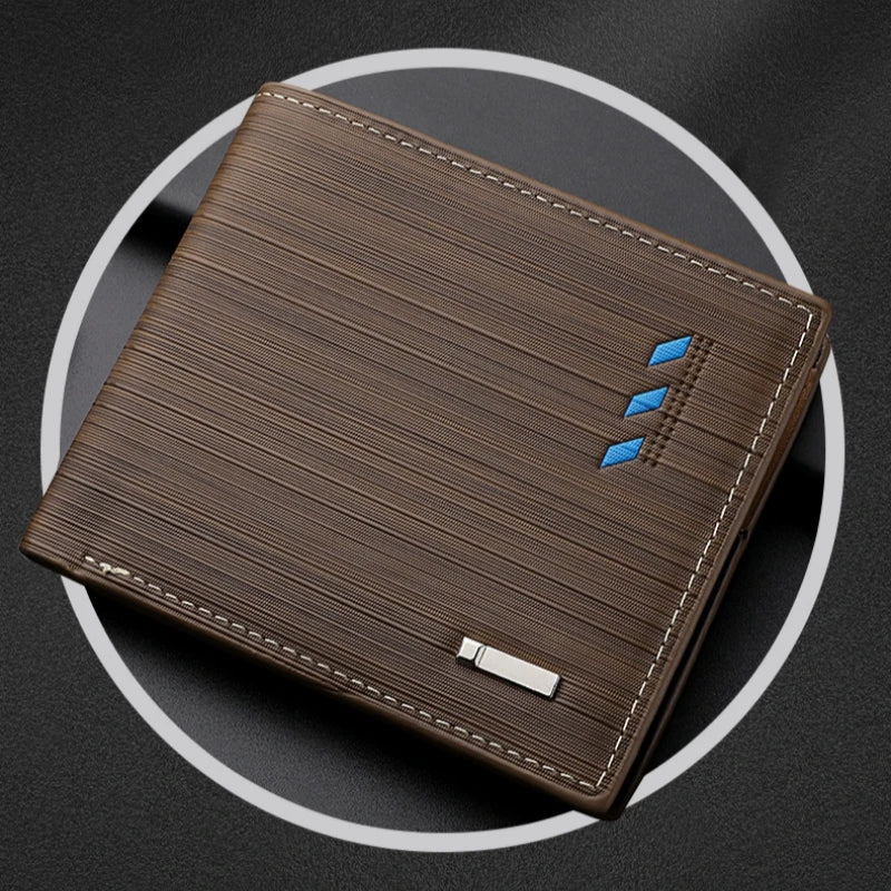 A brown striped leather wallet with stitching and blue accents is shown diagonally on a dark background.