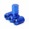 A set of blue aluminum alloy tire valve caps for vehicles.
