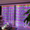 LED curtain string lights with remote control illuminating sheer curtains in a room.