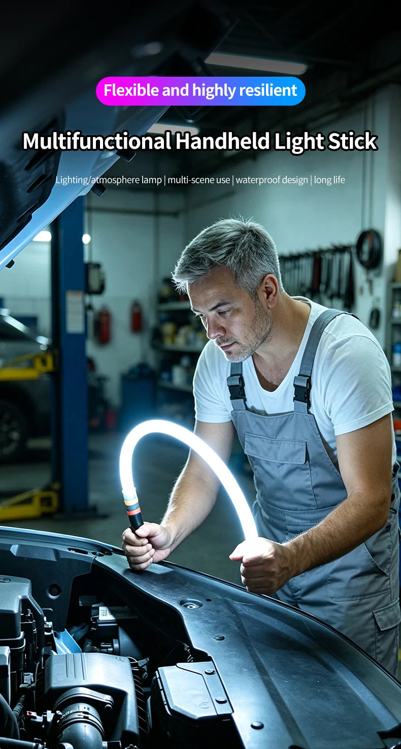 A man is using a multifunctional handheld light stick to illuminate an engine compartment.
