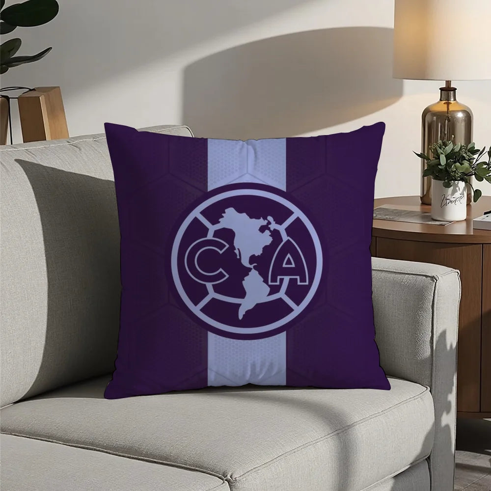 A purple decorative pillow featuring a white circular logo with a map of North and Central America inside.