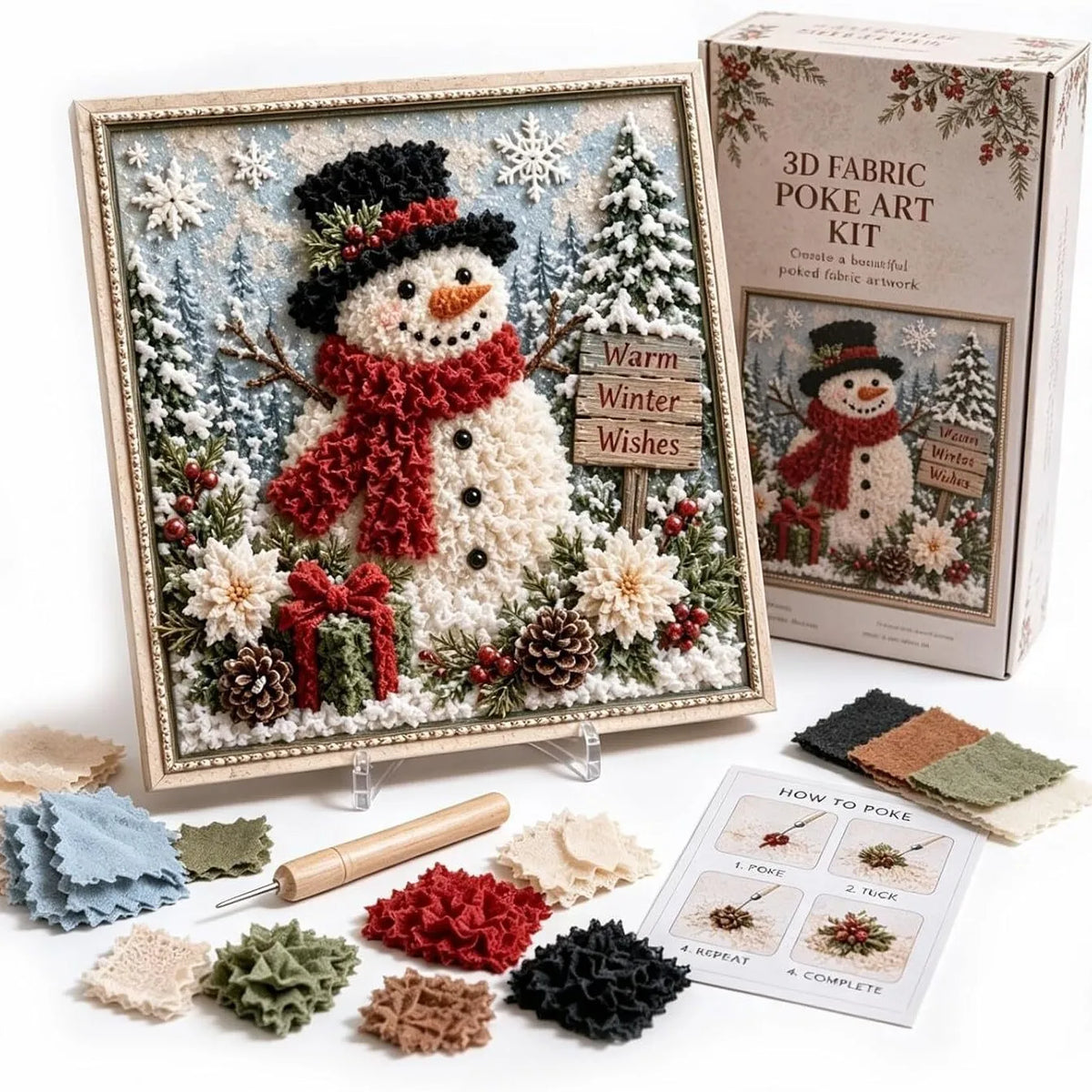 A box and framed piece of 3D fabric poke art depicting a winter scene with a snowman and evergreen trees.