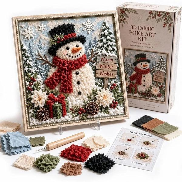 A box and framed piece of 3D fabric poke art depicting a winter scene with a snowman and evergreen trees.