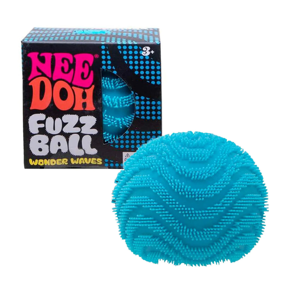 Helle blaue, stachelige Stressball mit gewellter Textur neben der Verpackung.