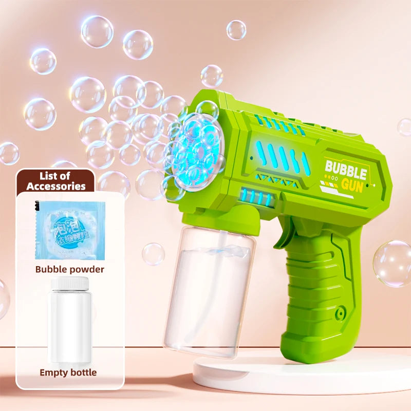 A green bubble gun is shown firing bubbles against a pink background, with an empty bottle and more bubbles visible.