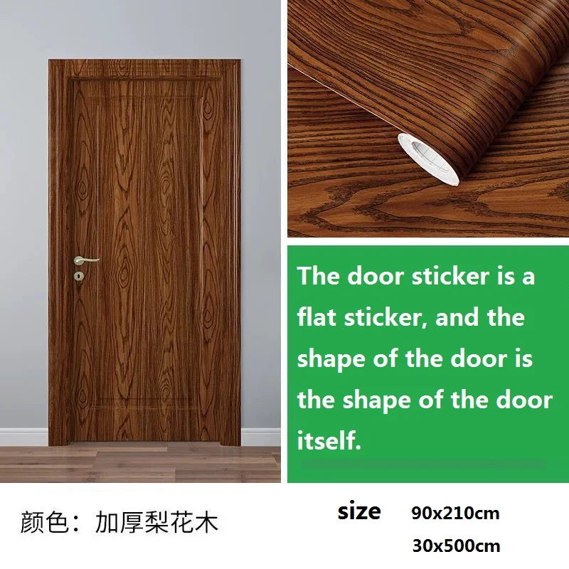A wooden door with vertical grain texture, showing a flat sticker applied to the surface.