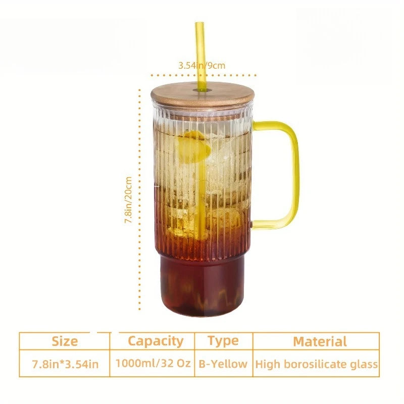 Vintage Ribbed Glass Tumbler with Bamboo Lid and Straw