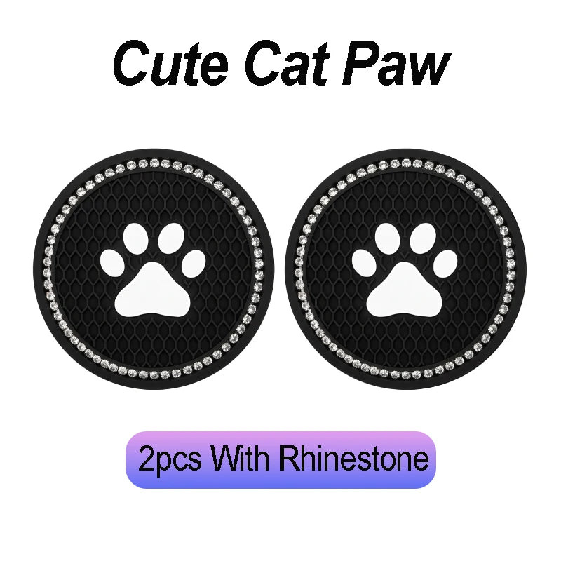 Black non-slip waterproof coasters featuring a cute cat paw pattern and rhinestone embellishments