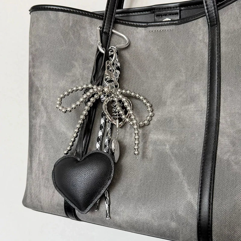 Cute Bow Bag Charm Keychain with Heart Pendant