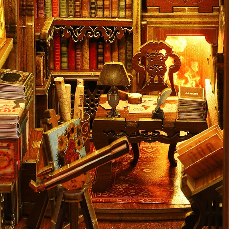 A wooden book nook kit featuring shelves, books, and a lamp setup for display.