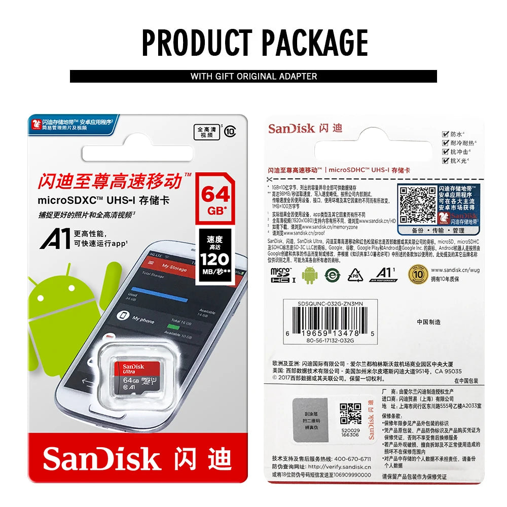 Product package of SanDisk Ultra microSD card with a gift original adapter and related information