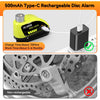 Yellow 500mAh Type-C rechargeable disc alarm device and a motorcycle brake lock.