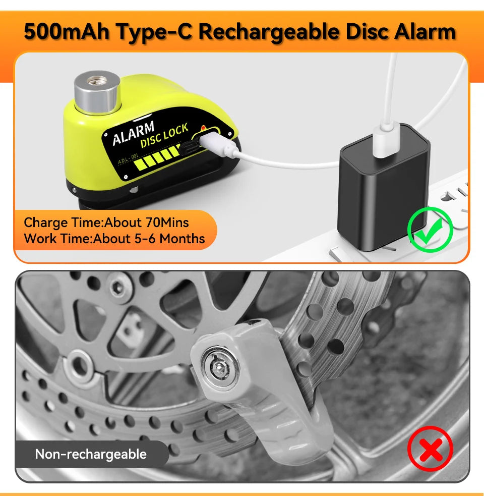 Yellow 500mAh Type-C rechargeable disc alarm device and a motorcycle brake lock.