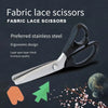 A pair of black fabric lace scissors with a silver blade shown against a dark background.